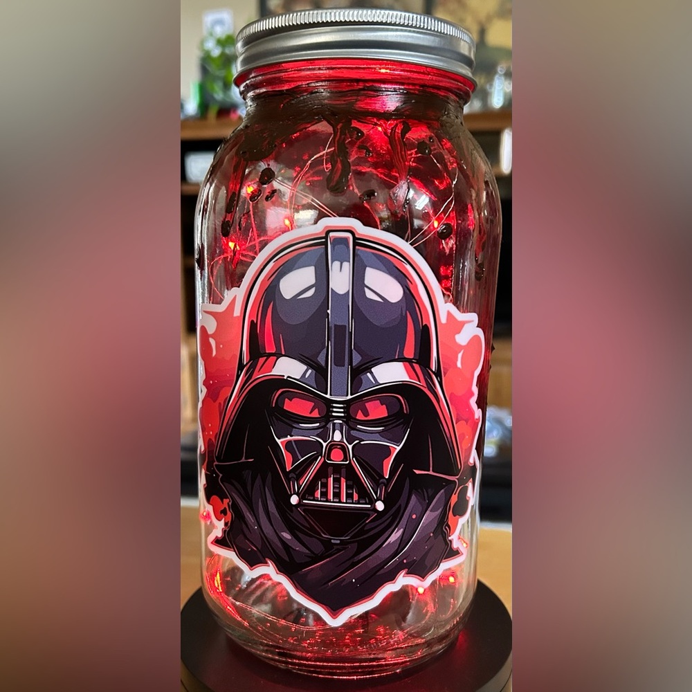 SPACE MOVIE FANDOM/THEMED 64oz JAR + 14’ OF RED FAIRY-LIGHTS/PAINTED/HANDMADE